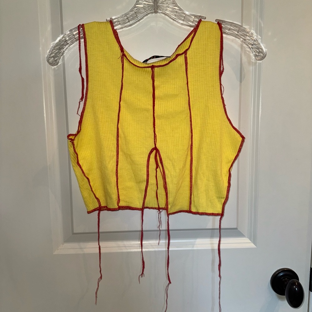 Yellow Sleeveless Crop Top with Red Stitching